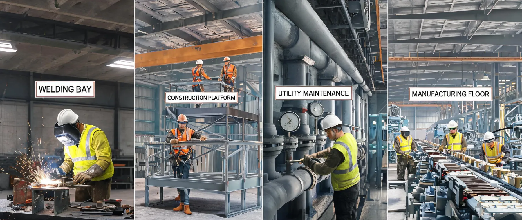 Industrial workers using PPE in multiple work areas